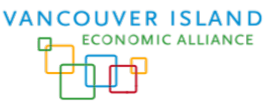 Vancouver Island Economic Alliance logo with green, yellow, red, and blue squares scattered below