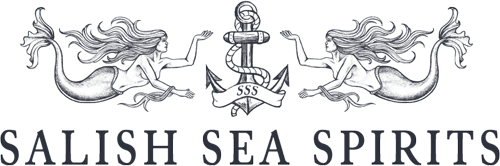 Salish Sea Spirits logo with large boat anchor with rope and banner that says SSS with two mermaids on the sides of the anchor using arms to gesture towards anchor