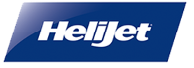 Helijet logo in white with skewed dark blue rectangle behind
