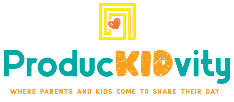 ProducKIDvity logo with square badge with small heart in the middle with small text Where Parents and Kids Come to Share Their Day below it