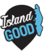 Island Good logo over large black location pin with graphic of Vancouver Island in light blue to the right