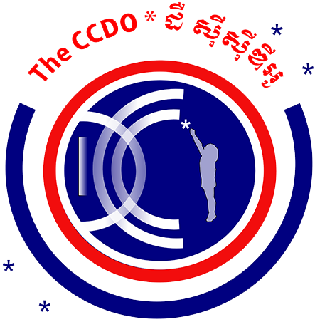 The CCDO logo (Cambodian Community Dream Organization) logo in blue, red, and white with blue asterisk stars scattered around and blue and red circle with image of a small child reaching out to a white asterisk star inside