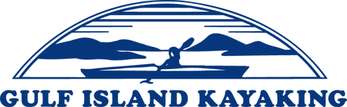 Gulf Island Kayaking logo in dark blue with outline of sun setting over mountains and ocean with kayaker in the center