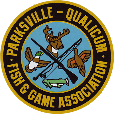 Parksville Qualicum Fish Game Association logo in yellow and black circle with rifle and fishing rod cross and images of bird, deer, bird, and fish in between spaces of cross