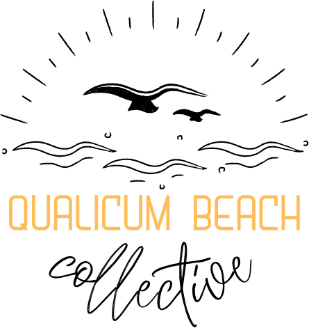 Qualicum Beach Collective logo in black and yellow with outline of setting sun with rays and two seagulls flying over ocean waves