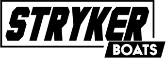 Stryker Boats logo in black with black outline rectangular border