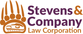 Stevens & Company Law Corporation logo in orange and purple with outline of large Aboriginal Indigenous bear paw