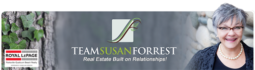 Team Susan Forrest Real Estate Agent banner with text Real Estate Built on Relatinoships! with image of Susan Forrest on right standing in front of rock wall, and Royal LePage Parksville-Qualicum Beach Realty logo on left