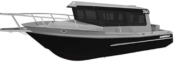 3D render of black and grey Kingfisher 2525 Offshore Boat with tinted windows