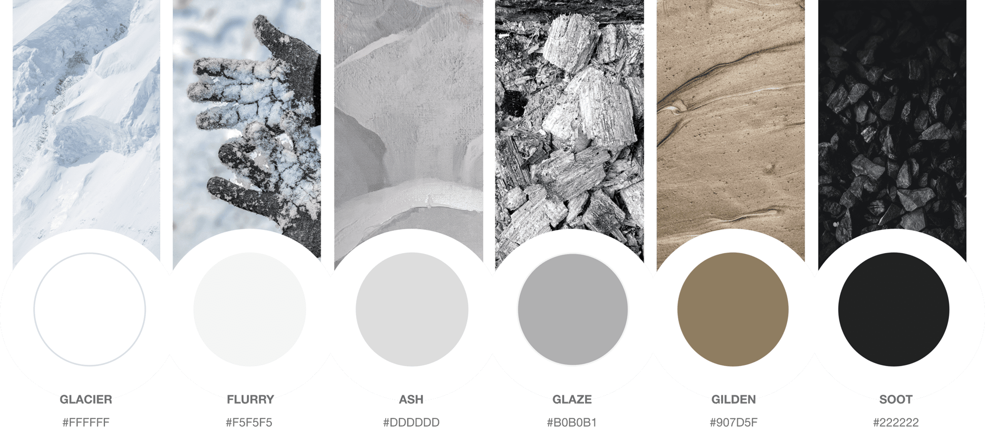 Color palette used for Bigfoot RV website, from left to right - Glacier #FFFFFF, Flurry #F5F5F5, Ash #DDDDDD, Glaze #B0B0B1, Gilden #907D5F, and Soot #222222