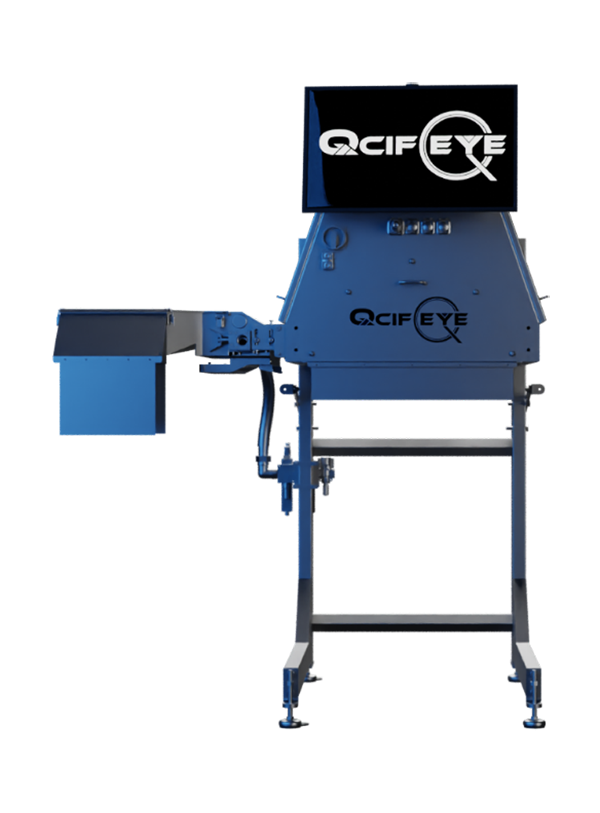 Frontside view of metal grey and blue QCIFEYE system that monitors quality and detects impurities of almonds with small tv monitor in front, large square dispenser on left side on two rolling metal legs