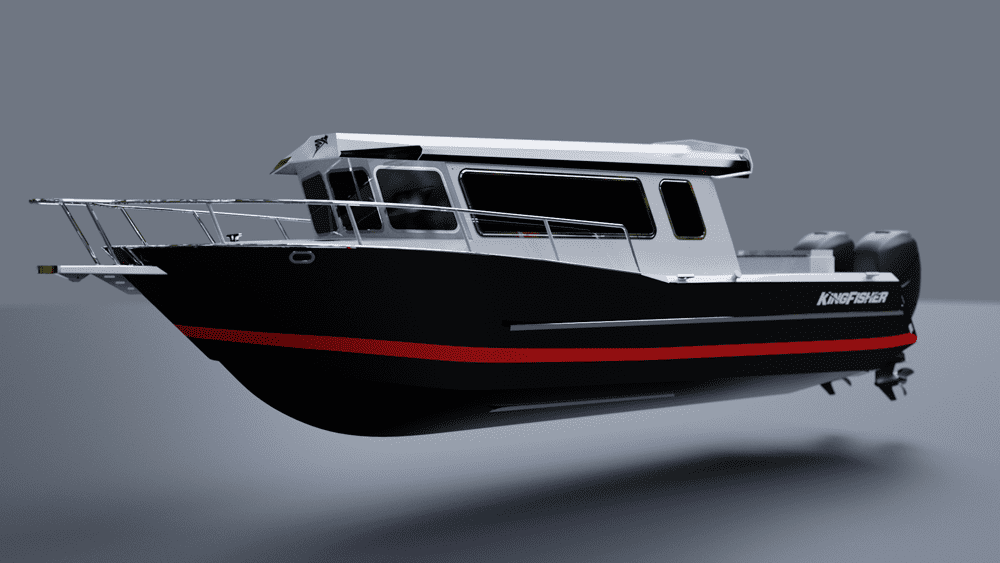 3D render of black and white Kingfisher 3025-GFX Boat with grey background