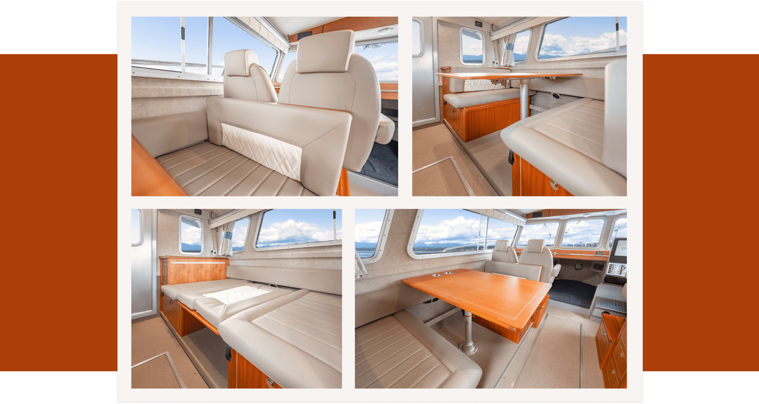 Four images in gallery style on two rows with different images of Kingfisher Boats interior in white from different angles with thick brown block in background