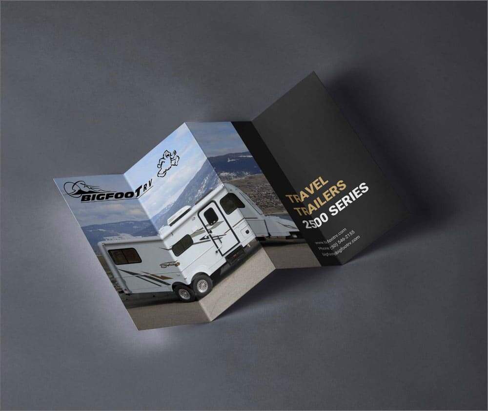 Brochure of Bigfoot RV Travel Trailer 2500 Series with image of 2500 series travel trailer with dark grey background