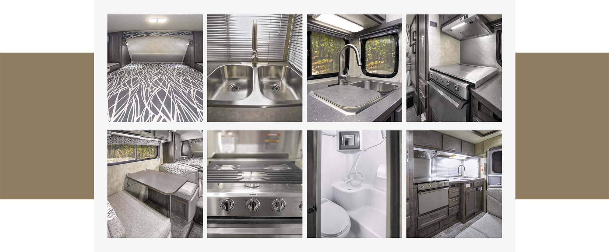 Highlight of interior features of a Bigfoot RV from different angles with brown background